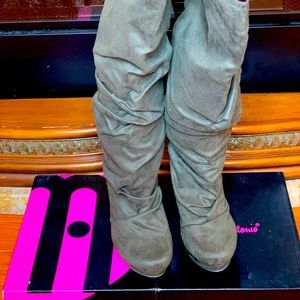 Green platform knee high boots